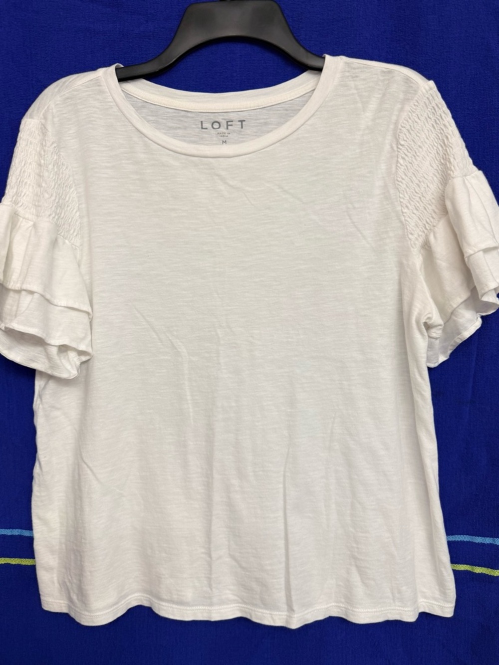 LOFT White Ruffle Sleeve Smocked Shoulder Tee